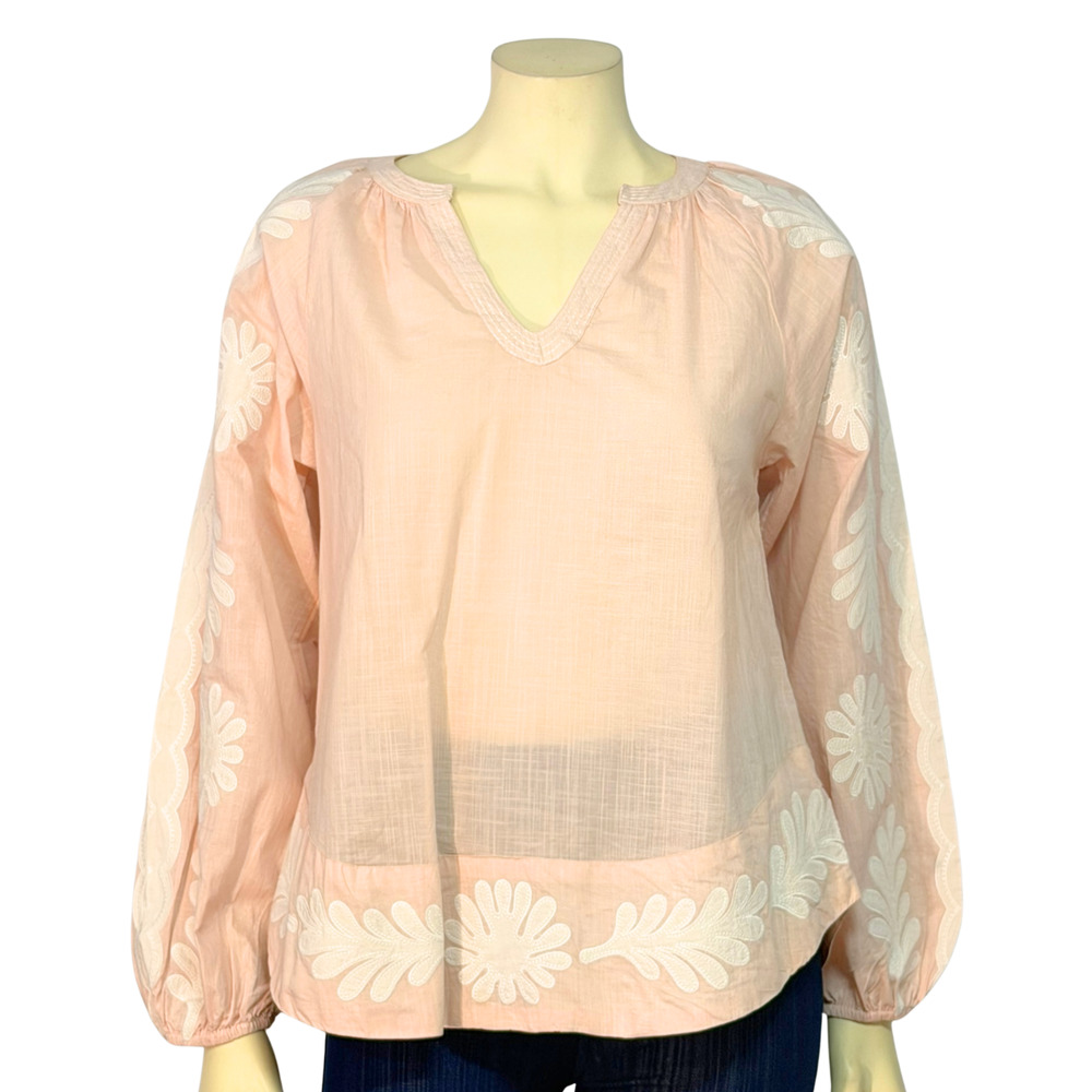 Sweet Magnolia Sz S Split V-Neck Blouse Puff Sleeves Pink w/White Appliques Boho